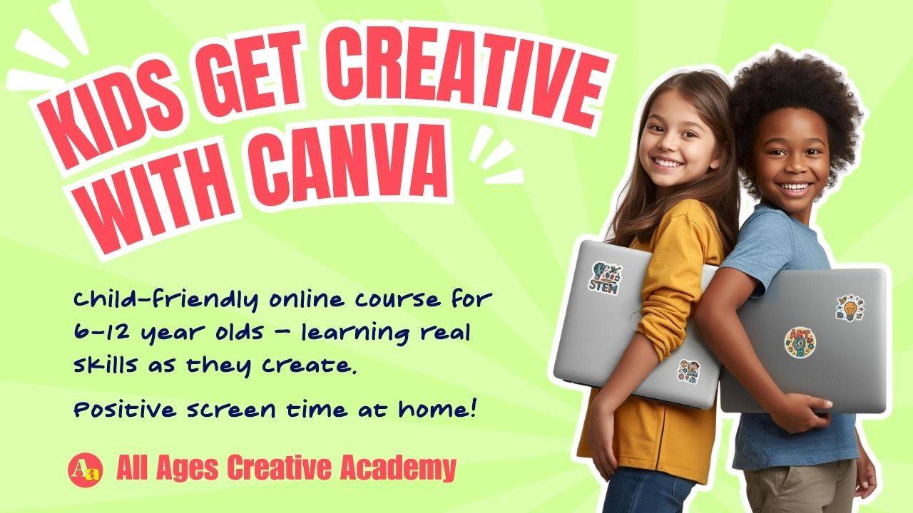 Graphic image created in Canva - parrot, frog, hibiscus, pond - with text "Kids Get Creative With Canva"