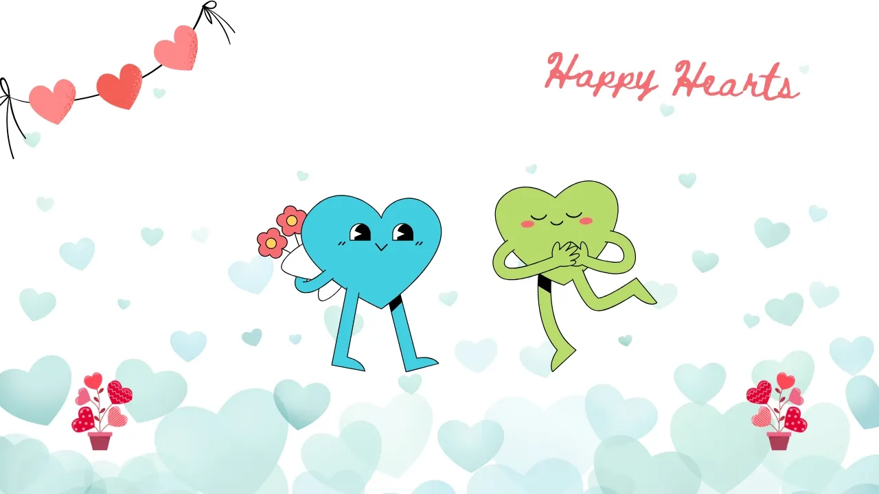 mockup graphic for Happy Hearts Template for kids. Features upbeat heart characters and text saying 'happy hearts'