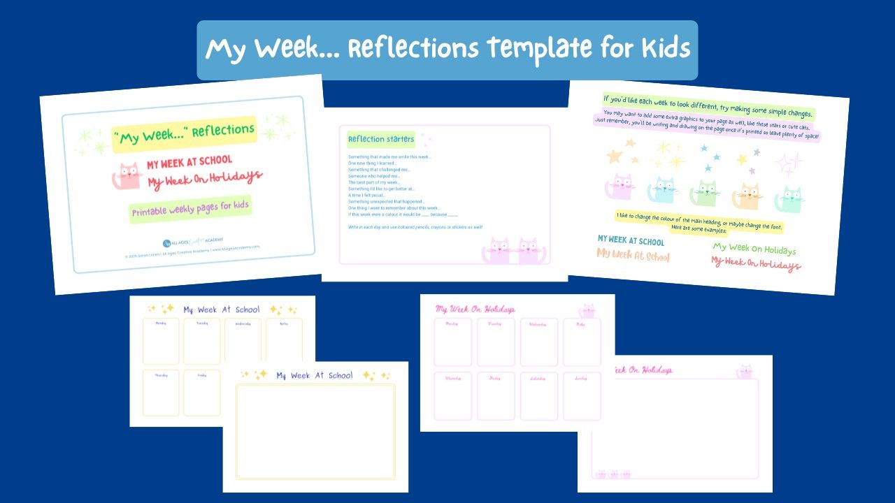 mockup graphic for 'My Week .. Reflections template for kids. with dark blue background.