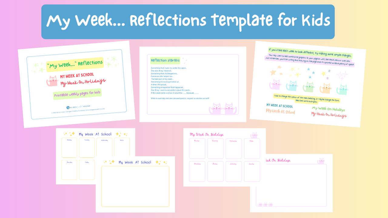 mockup graphic for 'My Week .. Reflections template for kids. with pastel gradient background.