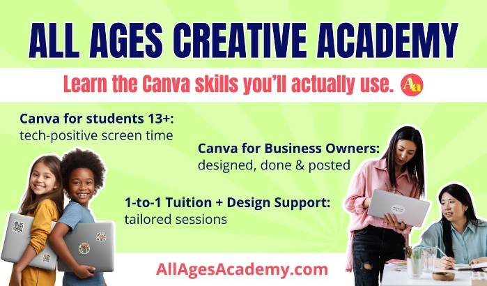 graphic for All Ages Creative Academy - learn the canva skills you'll actually use - canva for kids, canva for business, 1-1 tuition and design support