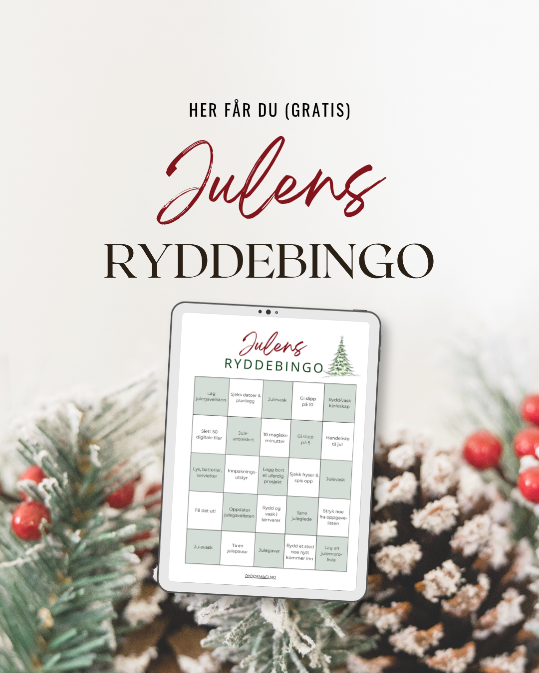 Julens ryddebingo har 25 oppgaver som inspirerer deg til å bli ferdig med julegaver, julevask og julehandel. Alt mens du også husker å ta deg tid til julekos.