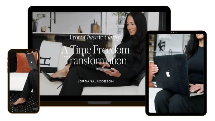 from chaos to clarity a time freedom transformation logo with branded images in digital device mockups