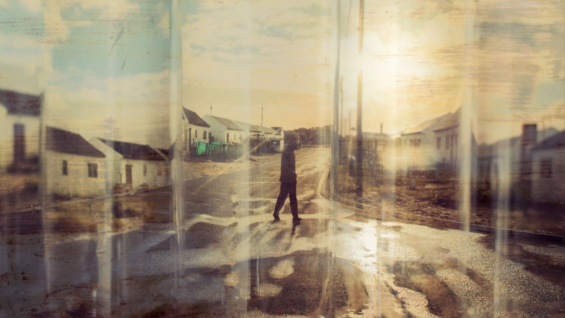 Fragmented street scene in warm light