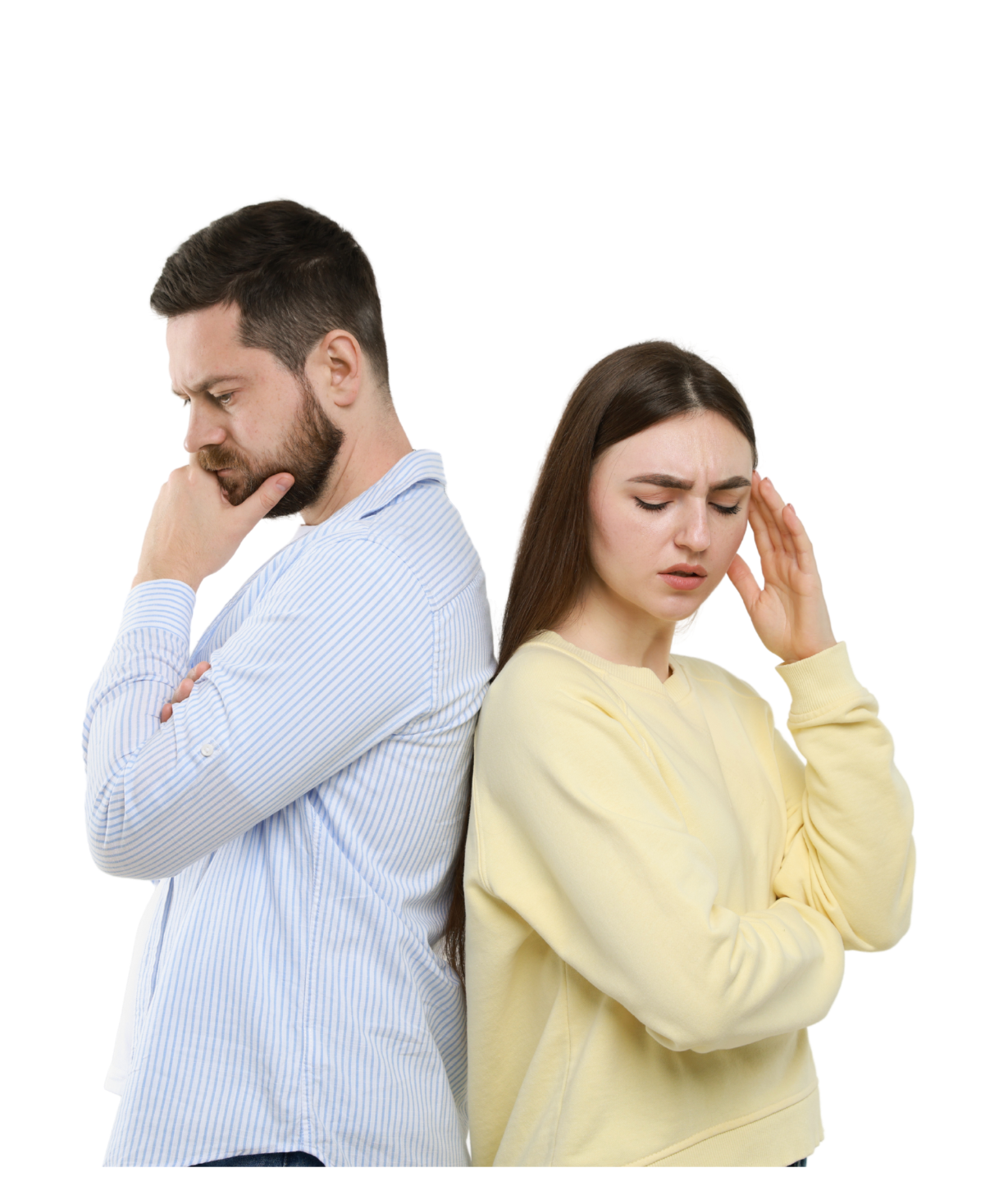 Hombre y mujer con expresiones de duda y confusión, representando la búsqueda del propósito de vida y el despertar de la conciencia.