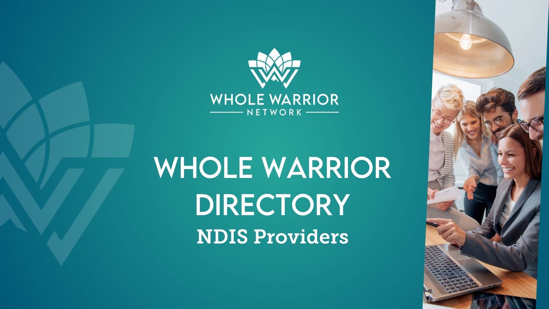 NDIS providers looking at the disability services directory around a laptop, green background, Whole Warrior Directory NDIS providers