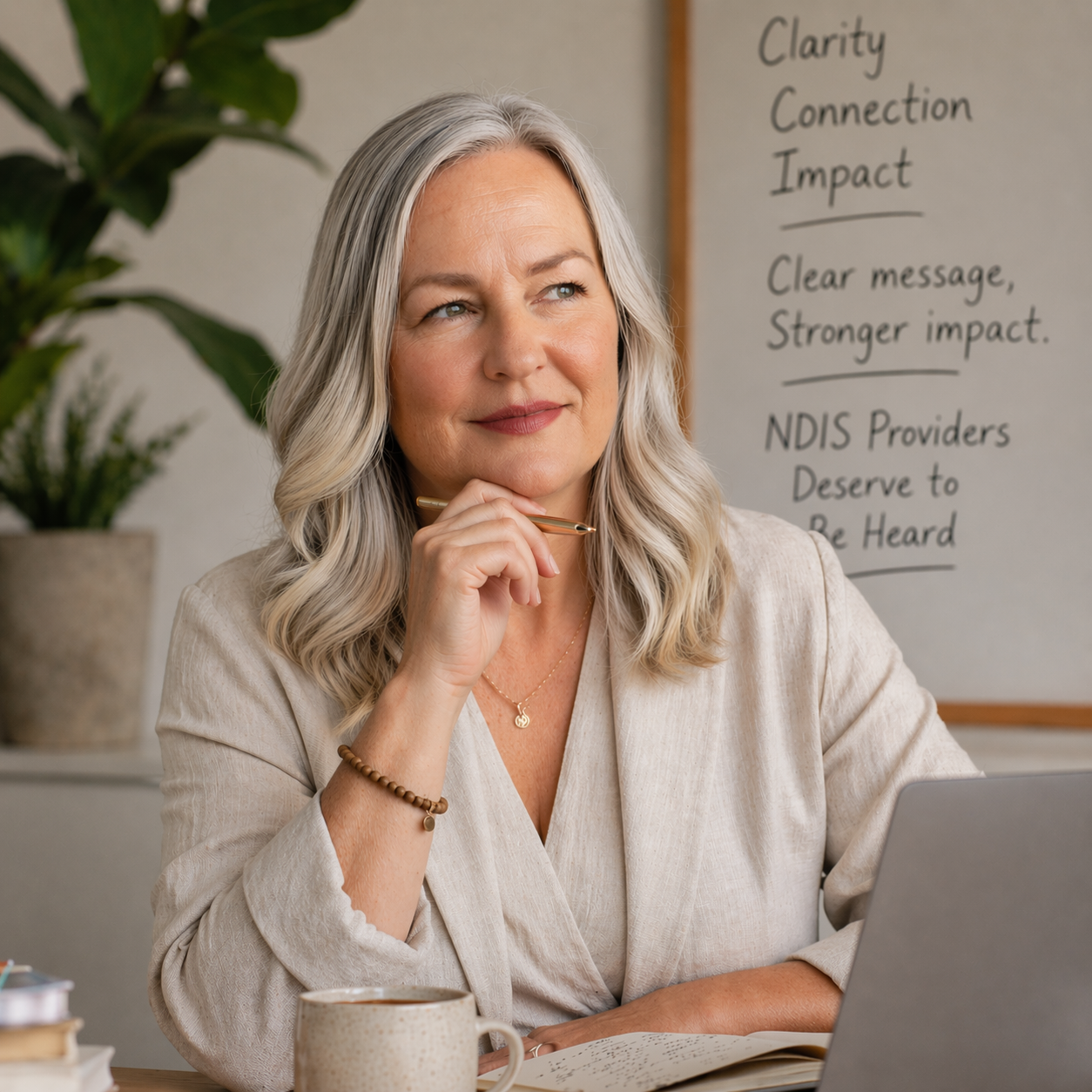 Tania Gorry, sitting at desk with laptop, hand on chin, silver hair, NDIS provider and business coach, founder www.wholewarriornetwork.com.au 