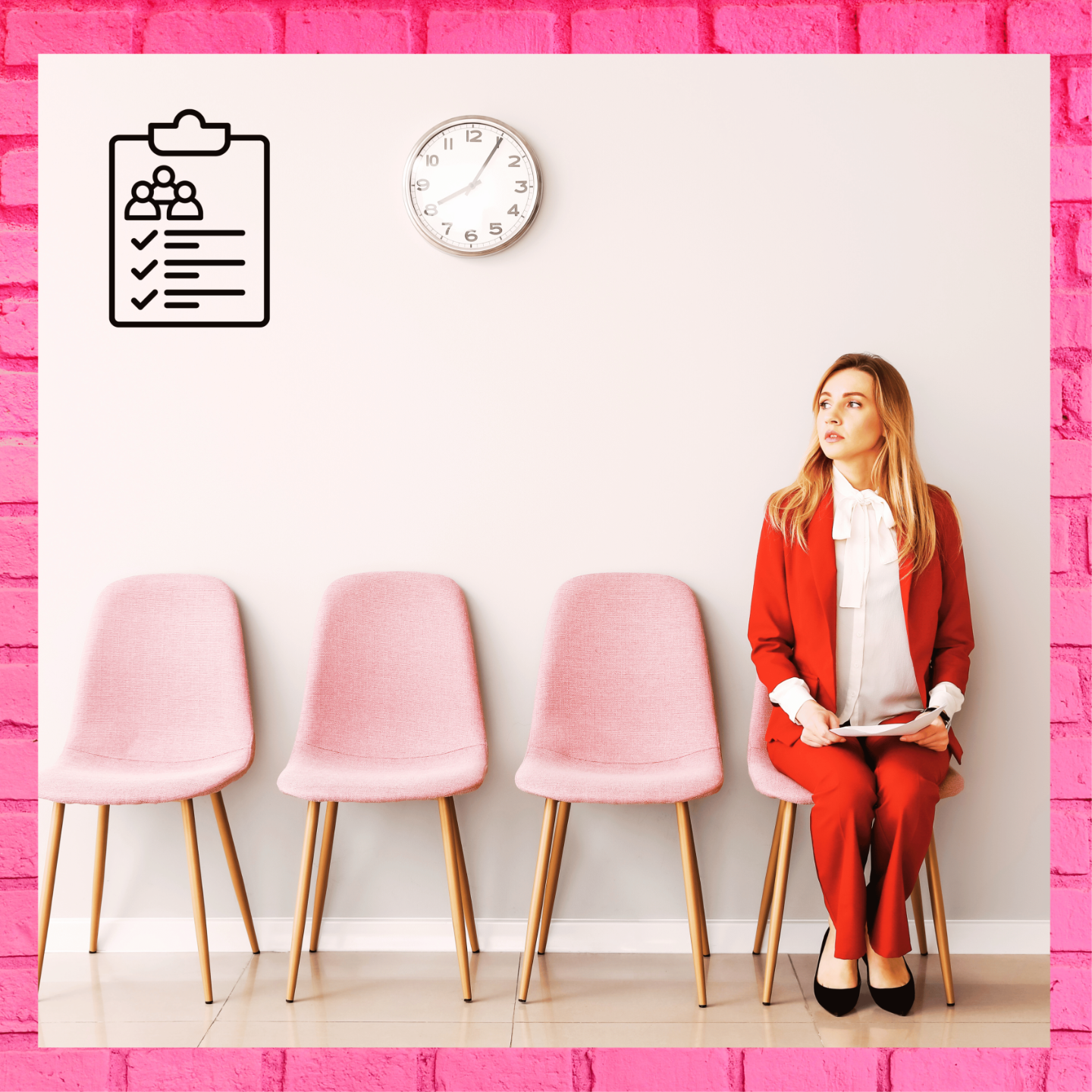A woman sitting nervously waiting for a job interview, a row of pink chairs, and a hiring checklist. The disability support worker is young and in a red outfit. There's a white clock. the woman is holding her resume hoping for a professional interview and HR process for the recruitment to work for an NDIS Provider in Melbourne. She has experience as an enrolled nurse and allied health assistant so she will speak about her skills in person centred care and trauma informed practice. The provider needs disability staff today