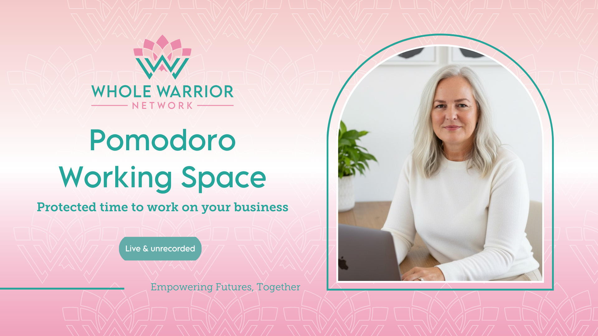 pink lotus icon watermarks, pic Tania Gorry business coach smiling, Pomodoro Coworking and Marketing Power Hour, Absolutely—here’s a **revised subheading** that highlights support, connection, and self-care:  **Subheading:** In this time of NDIS reform and change, join a supportive space to nurture yourself and your business, reduce burnout, and connect with peers who understand your journey.