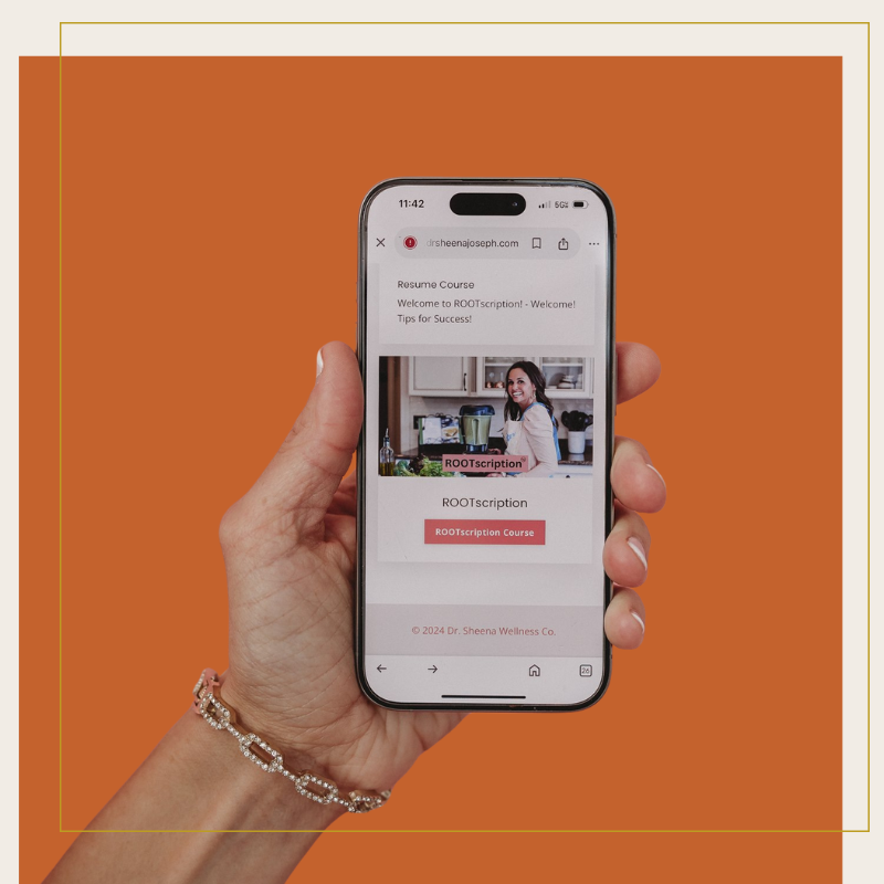 Mobile view of ROOT Rx functional medicine courses guiding women through step-by-step gut health healing, weight loss, bloating relief, and hormone health using a root-cause approach