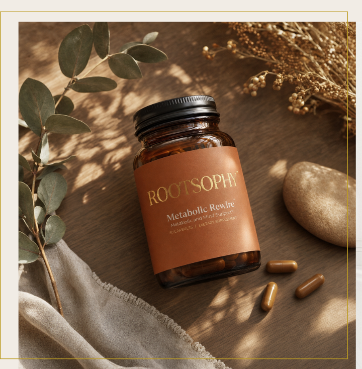 Dr Sheena, functional medicine practitioner, with supplement products highlighting ROOT Rx nutraceuticals for gut health, reducing bloating, supporting weight loss, and improving hormone health in women