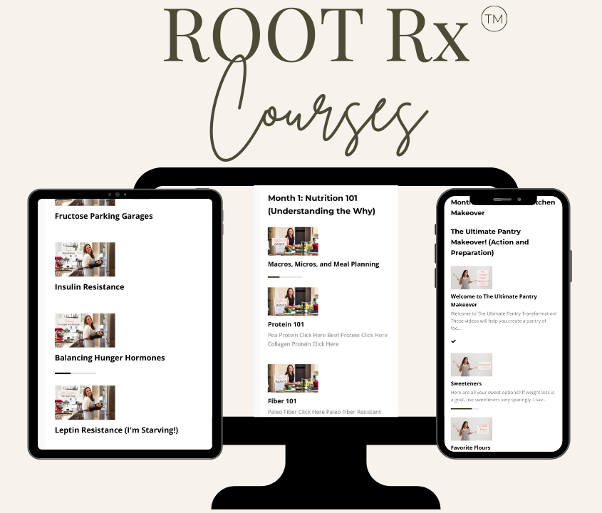 Multiple ROOT Rx course modules shown on devices, highlighting a structured functional medicine approach to improve gut health, reduce bloating, support weight loss, and balance hormones in women