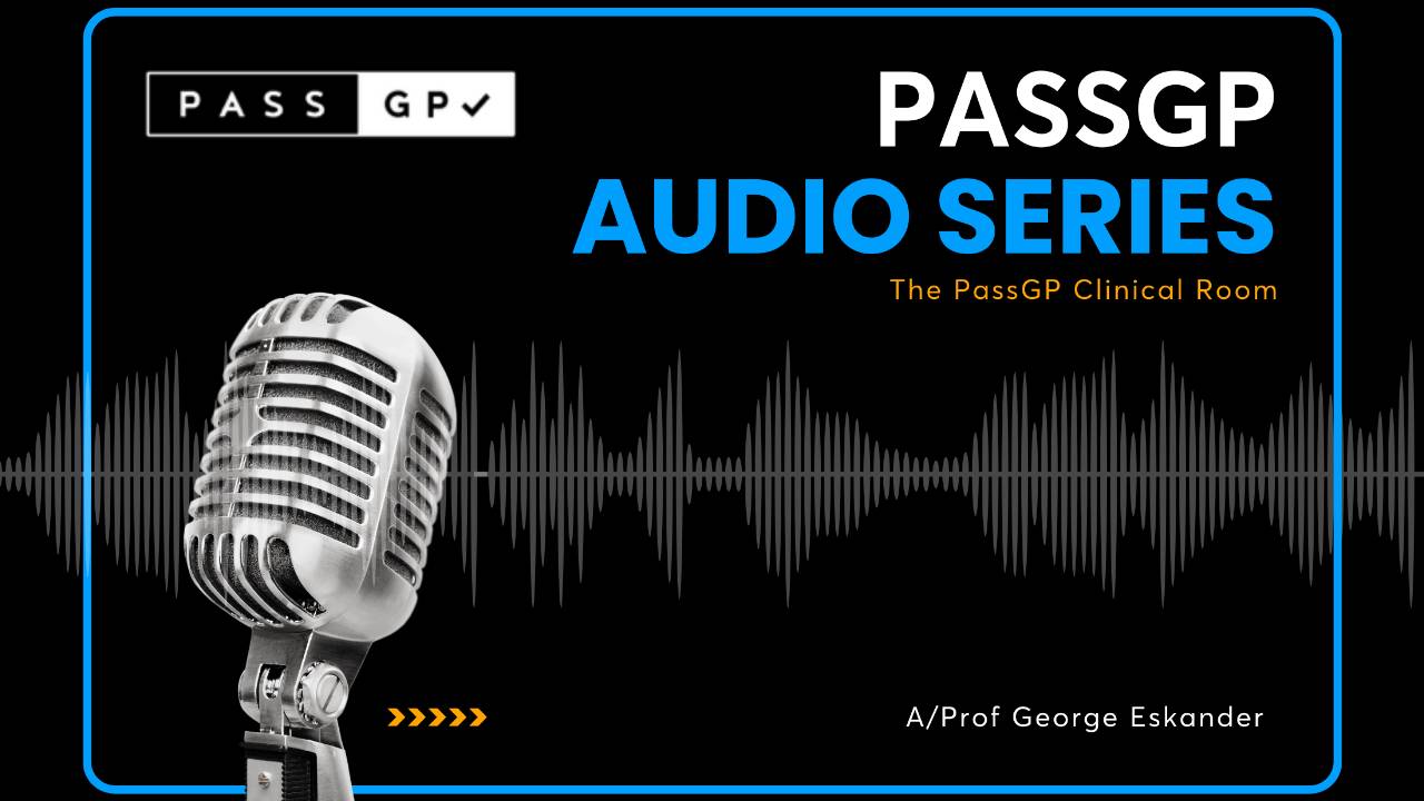 PassGP Audio Series graphic featuring microphone and waveform for the Clinic Room Small Group Podcast