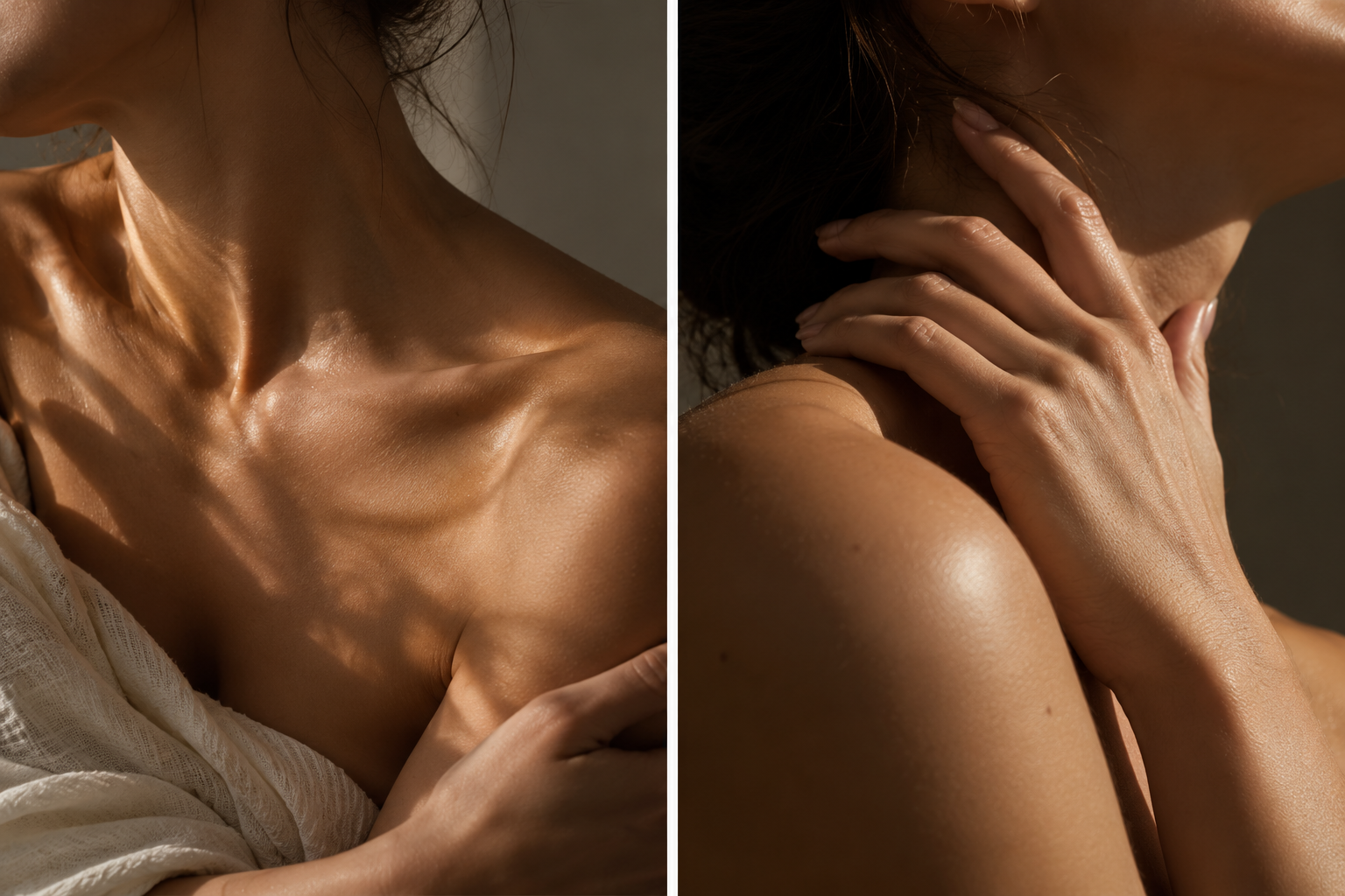 Warm sunlight and shadows on a woman's shoulders