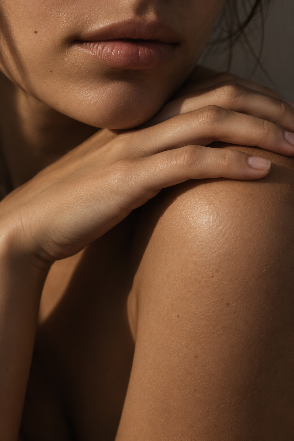 Warm editorial portrait of a woman resting her hand on her shoulder