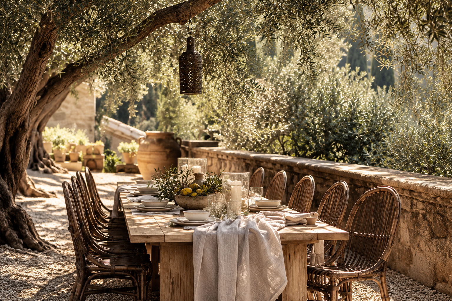 Mediterranean table beneath olive trees
