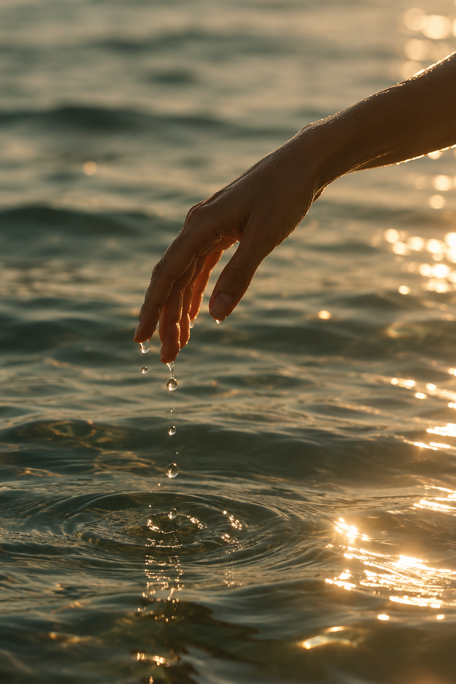 A hand reaching toward the water in warm golden sunlight