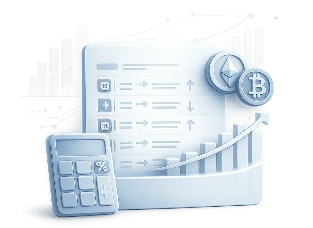 3D illustration of cryptocurrency tax reporting dashboard with calculator, Bitcoin and Ethereum icons, and upward financial growth chart
