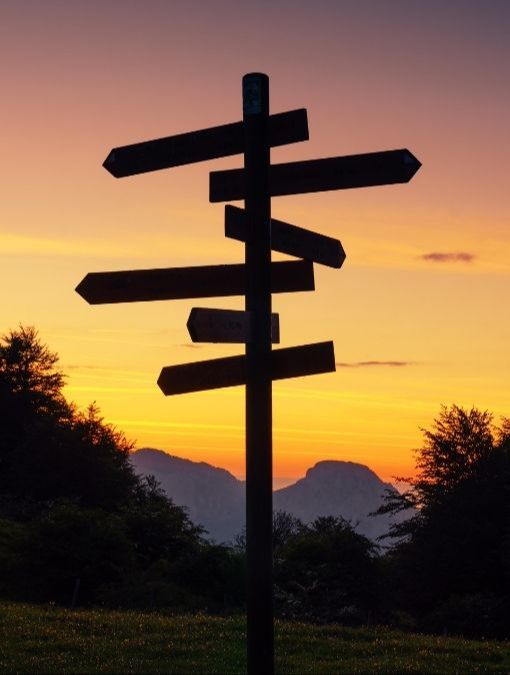 Signpost with multiple directions at sunset, symbolizing choice and perspective