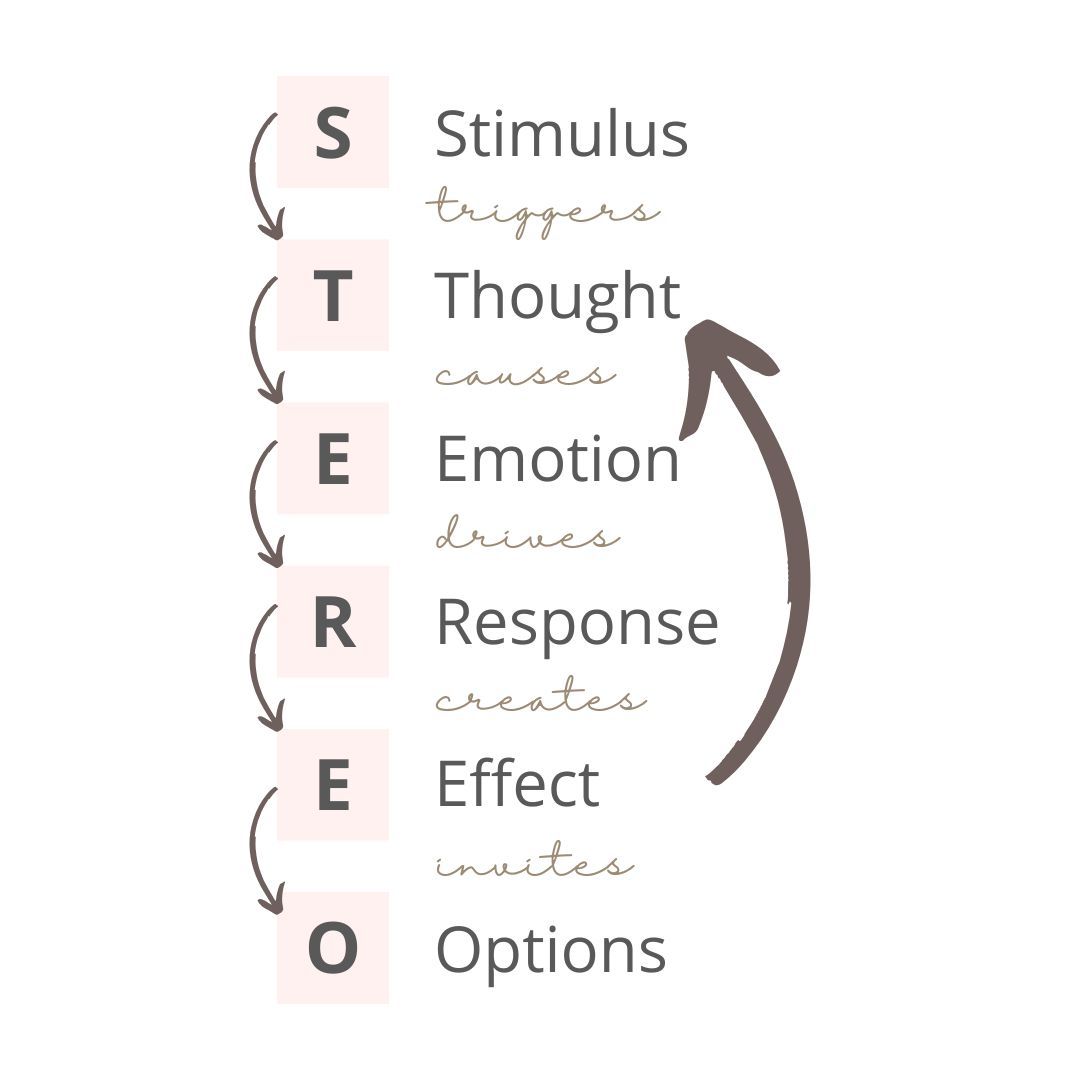 diagram of the STEREO map showing stimulus, thought, emotion, response, effect, and options