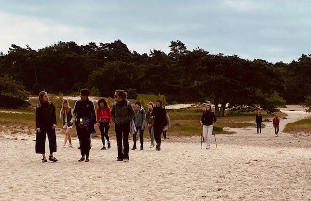 Groep deelnemers tijdens hike in de natuur – onderdeel van de opleiding Verbinden met jezelf en de ander bij Raafwerk, waar systemisch werk, ademwerk en lichaamsbewustzijn samenkomen.