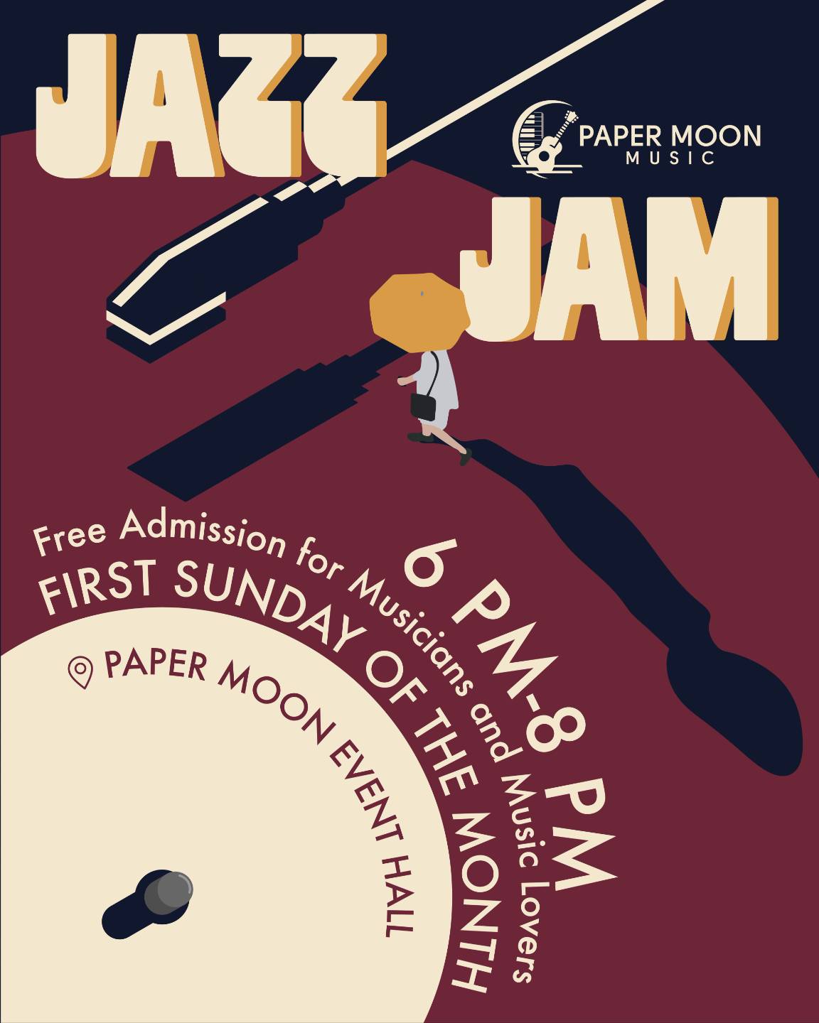 Jazz Jam flyer for paper moon event hall every first sunday of the month from 6-8pm no cover
