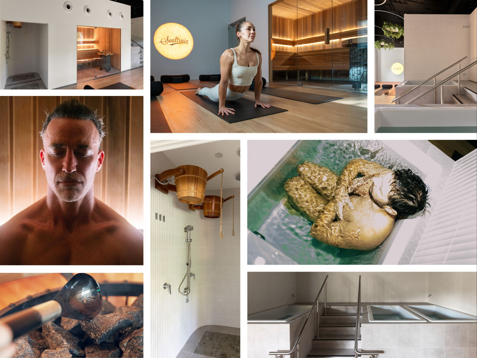 Montage of Soultrain recovery space featuring ice baths, Finnish sauna, and mindful movement area in Sydney