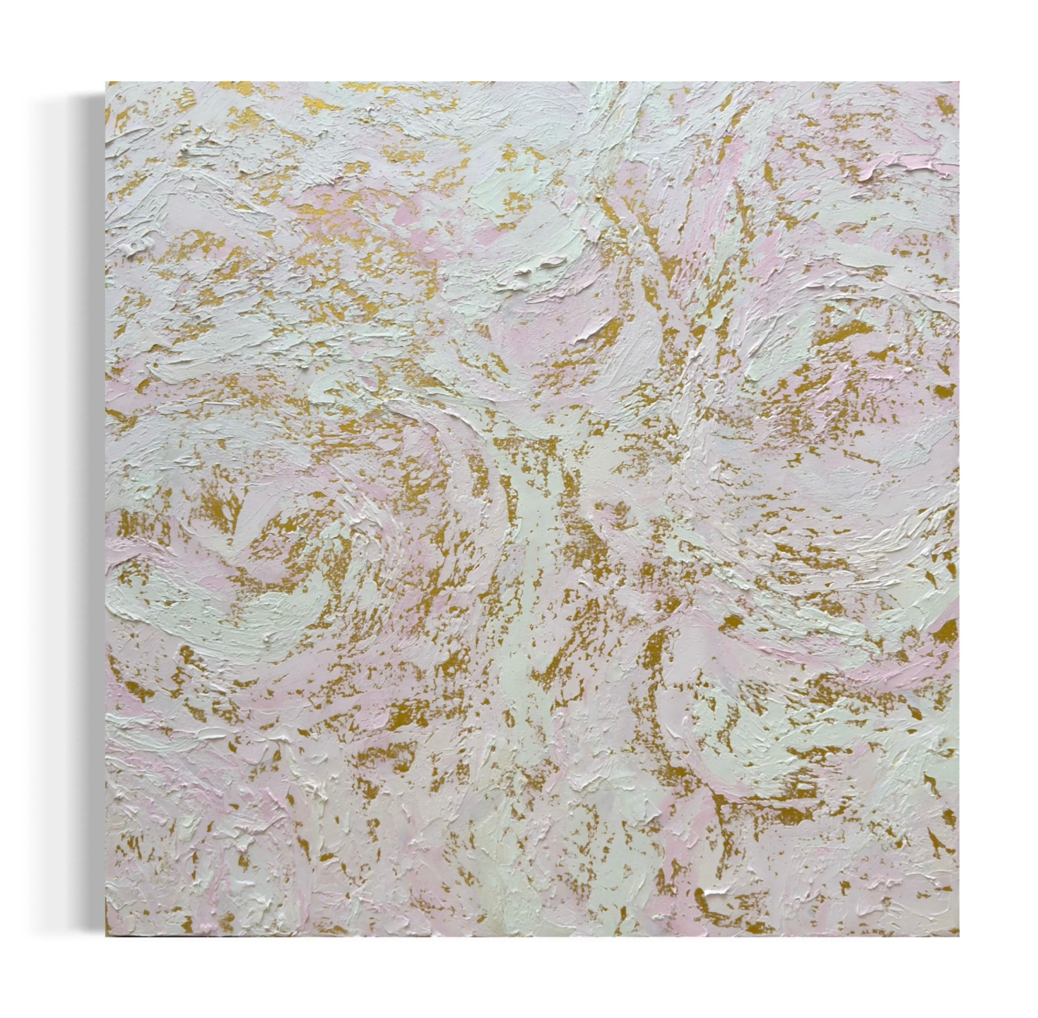 The Music of Love - Light Energy Art abstract painting with swirling pink and creamy white layers over gold paint