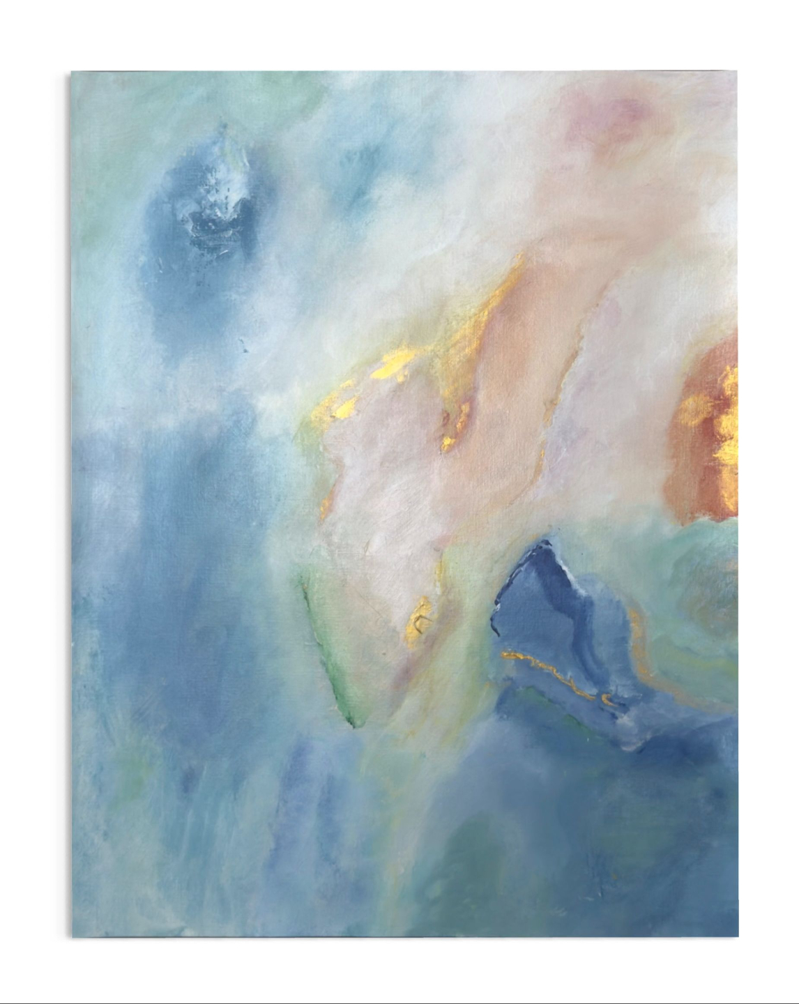 The Light Beyond - Light Energy Art abstract painting with dreamy abstract shapes in blue, white, green, peach and orange with touches of gold