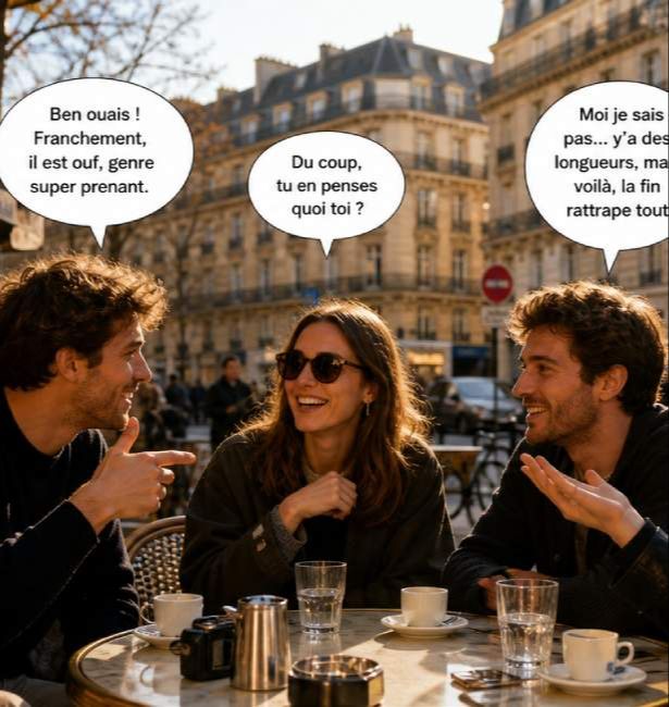 Friends using common French filler words during a conversation.