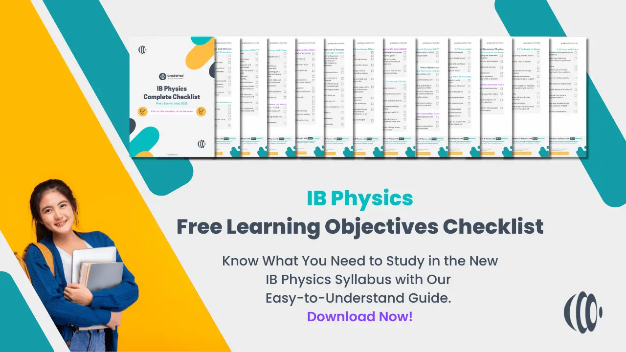 Engaging homepage thumbnail featuring a student with the 'IB Physics Free Learning Objectives Checklist', highlighting the comprehensive guide available for download at GradePod.