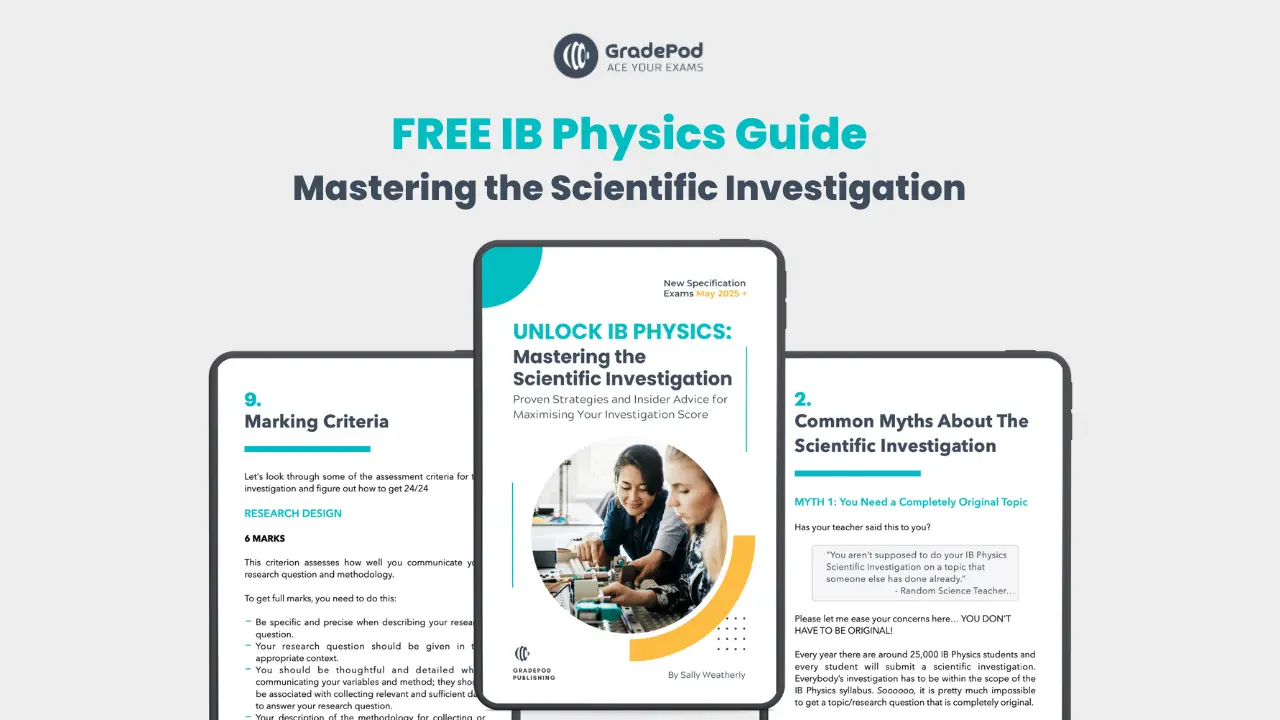 Promotional graphic for the free IB Physics guide on Mastering the Scientific Investigation, featuring key content previews and an image of students conducting experiments.