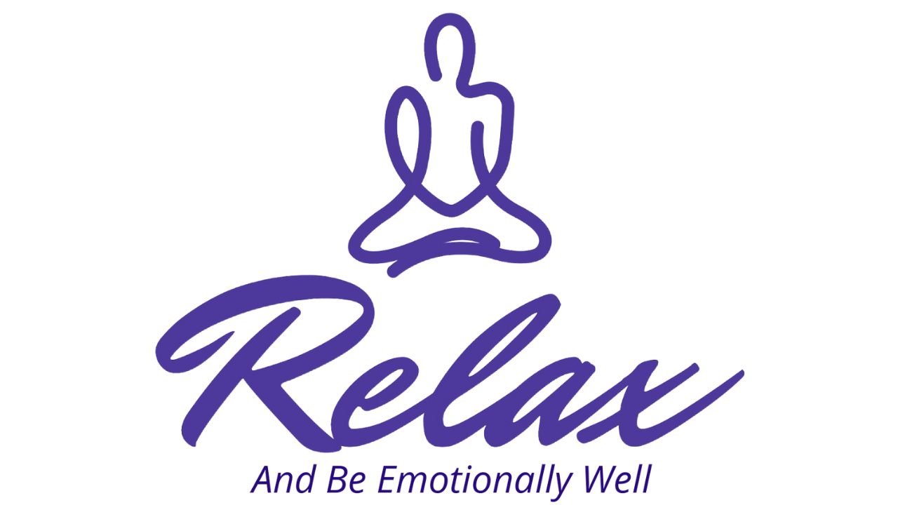 Logo for Lovely Refinement’s Relax series featuring a minimalist purple outline of a meditating person above the word ‘Relax’ and the tagline ‘And Be Emotionally Well,’ symbolizing mindfulness, peace, and emotional wellness.