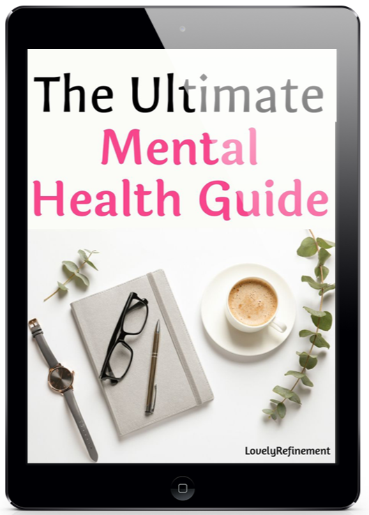 Cover of The Ultimate Mental Health Guide by Lovely Refinement — a comprehensive educational guide about self-esteem, confidence, grief, and emotional regulation. The modern minimalist cover uses calming blue tones and clean typography, reflecting guidance for women seeking practical tools for self-love, healing, and therapy resources.