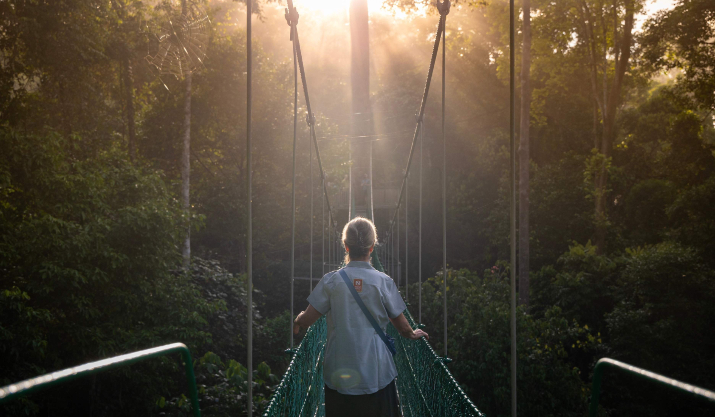 Professional wilderness guide using interpretation skills for conservation to travelers in a national park