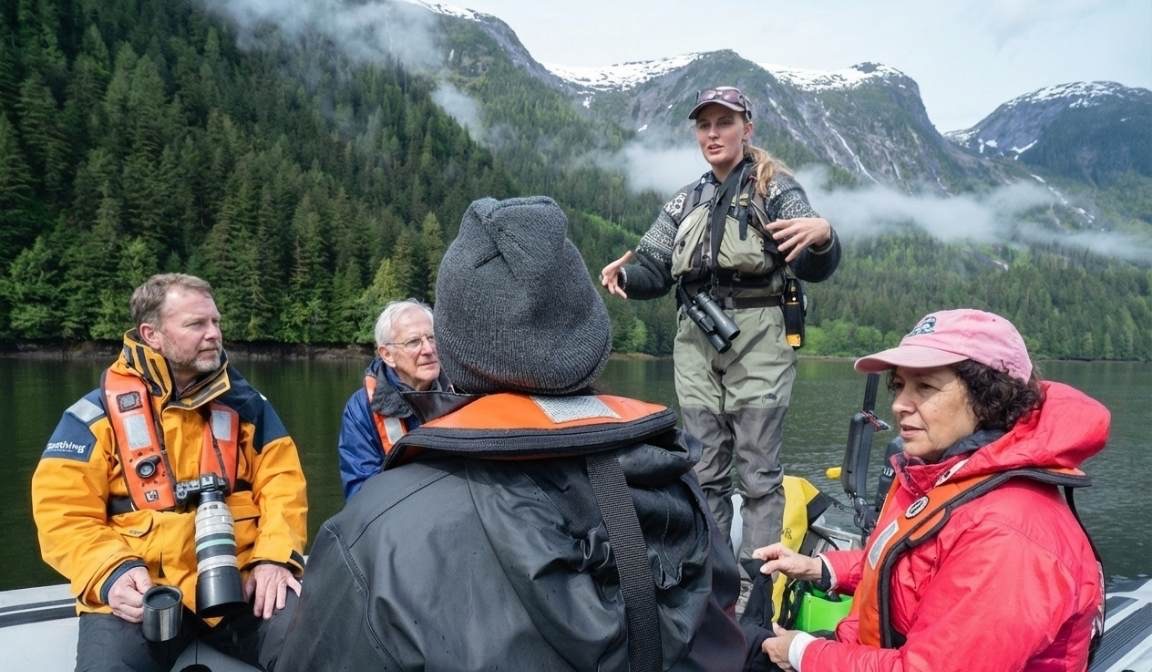 Adventure guide discussing conservation to travelers in a national park