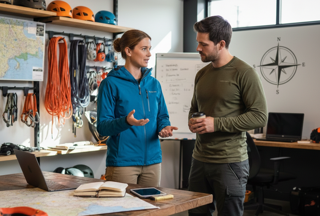 Two guides using checklists and templates while conducting trip operations preparation in the guide office