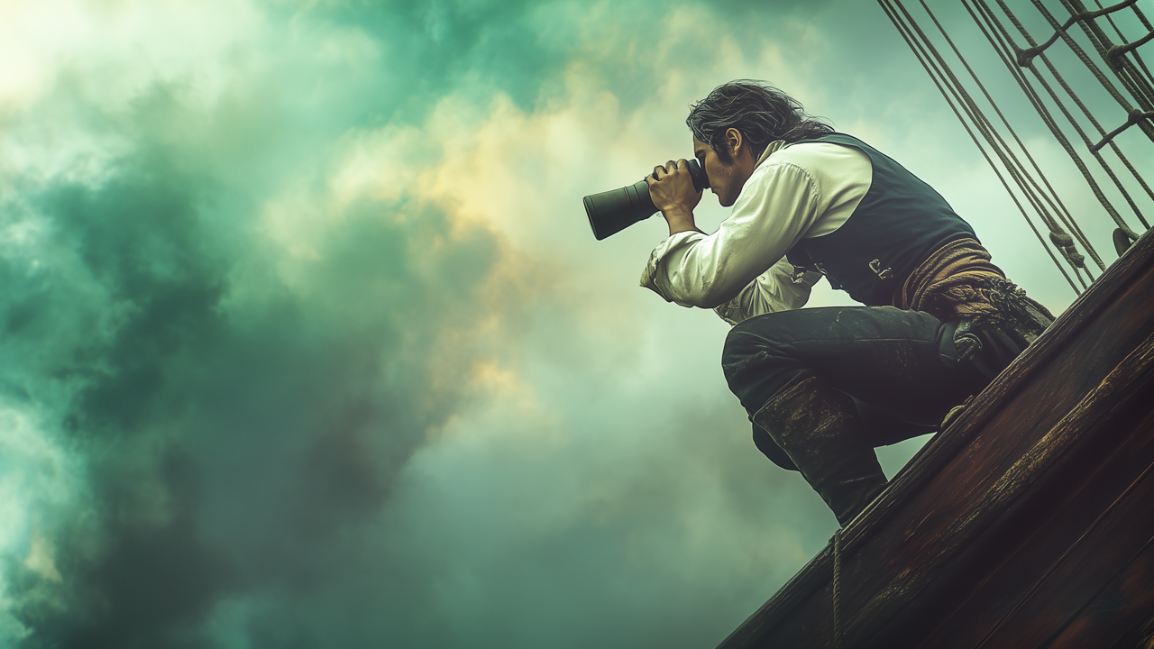 Old world sailor looking through a spyglass into the sea