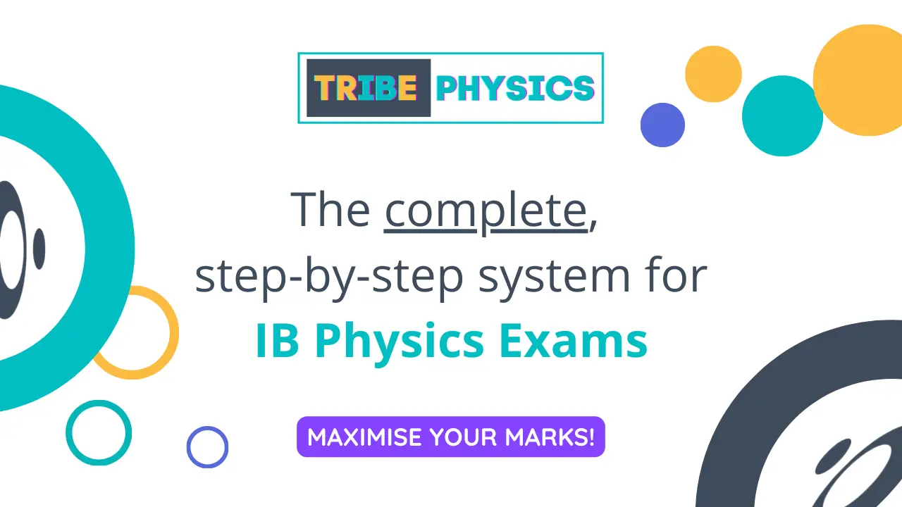 This image is a promotional graphic for TRIBE Physics, featuring the tagline, Everything you need to ace your IB Physics Exams. The graphic includes the TRIBE Physics logo in bold, colorful lettering against a background of abstract geometric shapes and vibrant circles in shades of teal, blue, and yellow. On the right, there's a confident Sally Weatherly with her hair tied back, wearing glasses and a black sweater, with her arms folded. She appears to be ready to support and guide students through their IB Physics preparation. A prominent GET STARTED call-to-action button in yellow is placed at the bottom, inviting viewers to begin their journey to exam success.