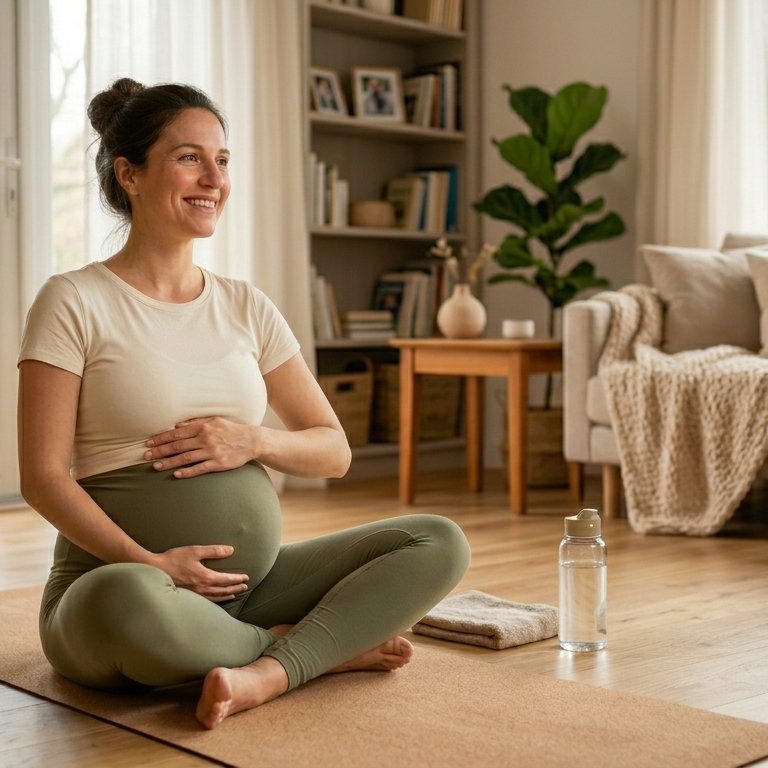 donna incinta che pratica yoga in gravidanza a casa seduta sul tappetino
