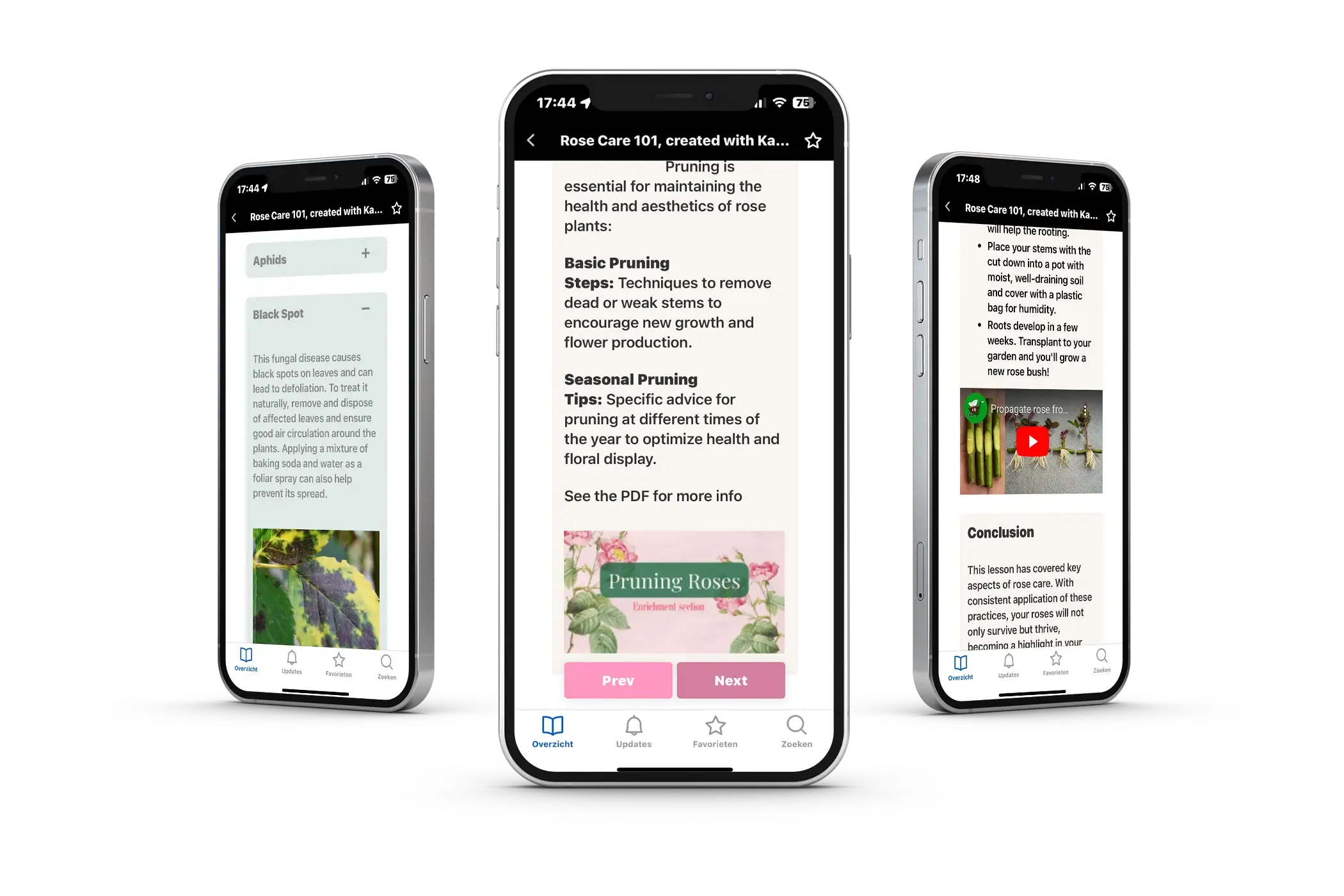 A lesson created with Kajabi UpCourse shown in the Kajabi App on three mobile phones