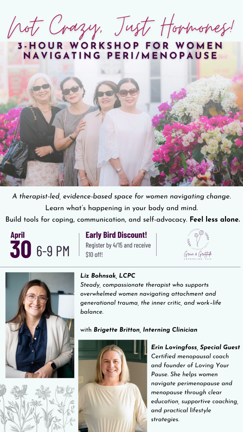 Promotional flyer for Grace & Gratitude Counseling’s “Relationships: Finding Your Voice” 8-week group for women, offering tools for assertive communication, boundaries, and emotional confidence in relationships.