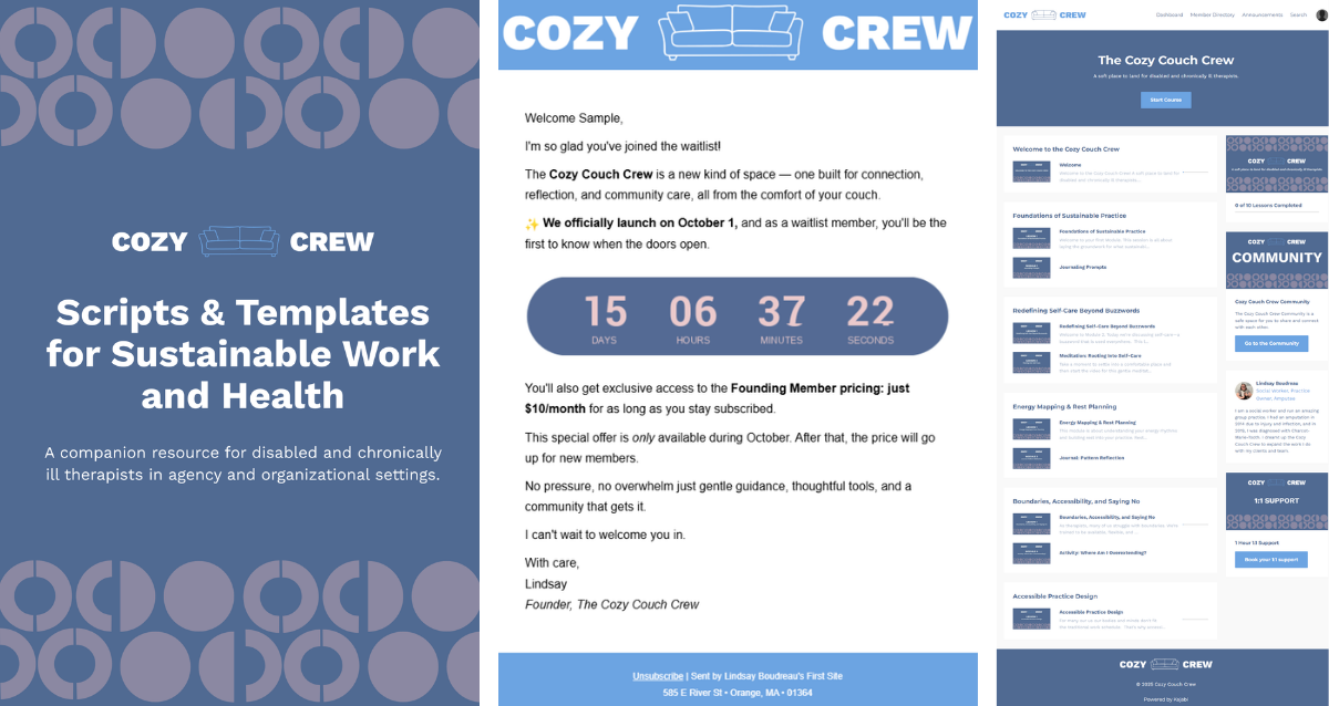Cozy Couch Crew online membership and course by Kajabi Expert, Marianne