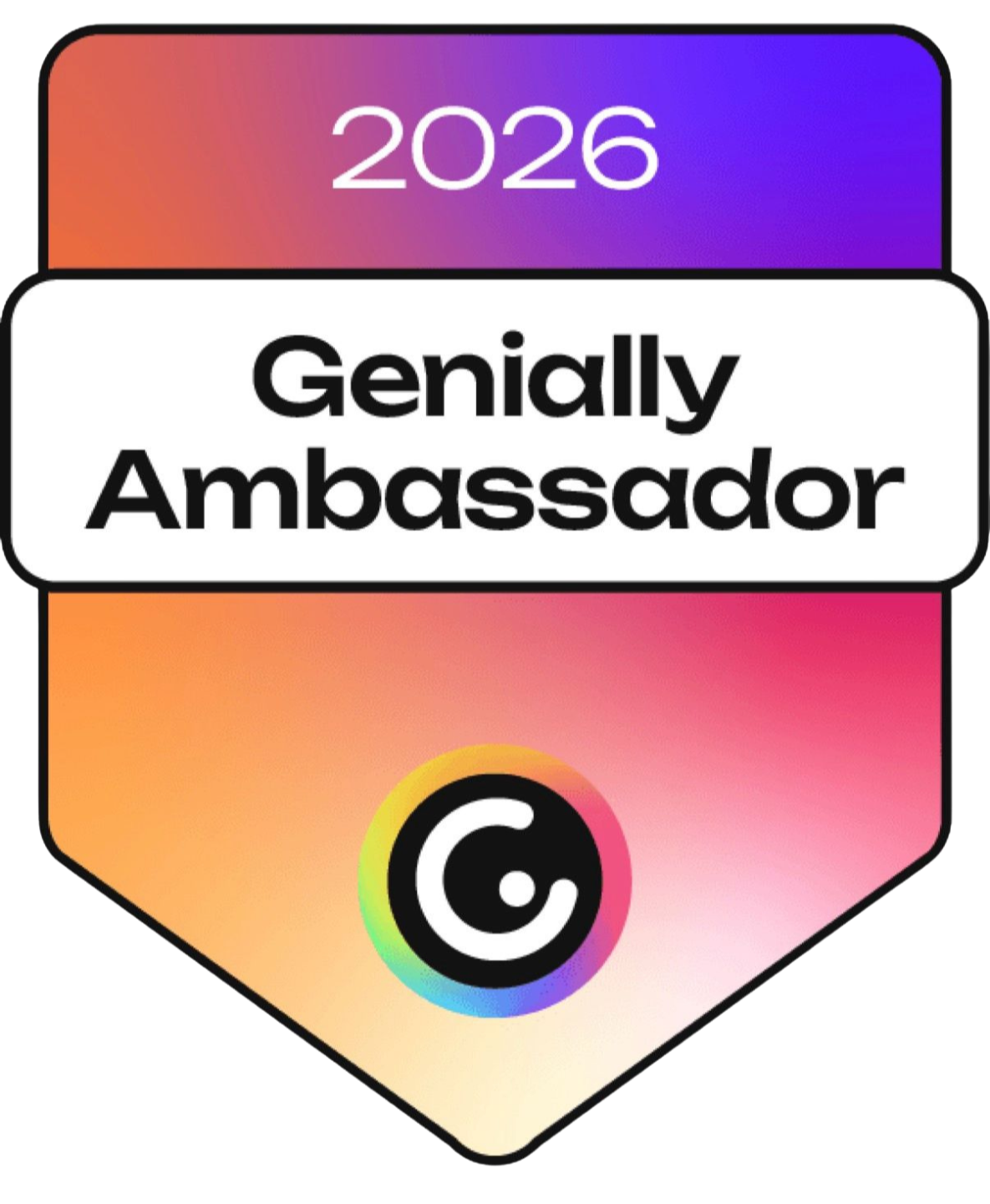 A blue badge with the text "2023 Genially Ambassador" and a stylized icon resembling a sun and a letter "G" inside.