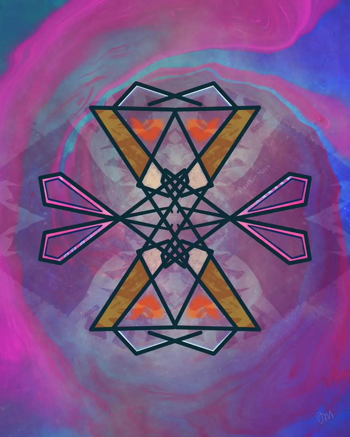 purple swirls with pink and blue scissors geometric art