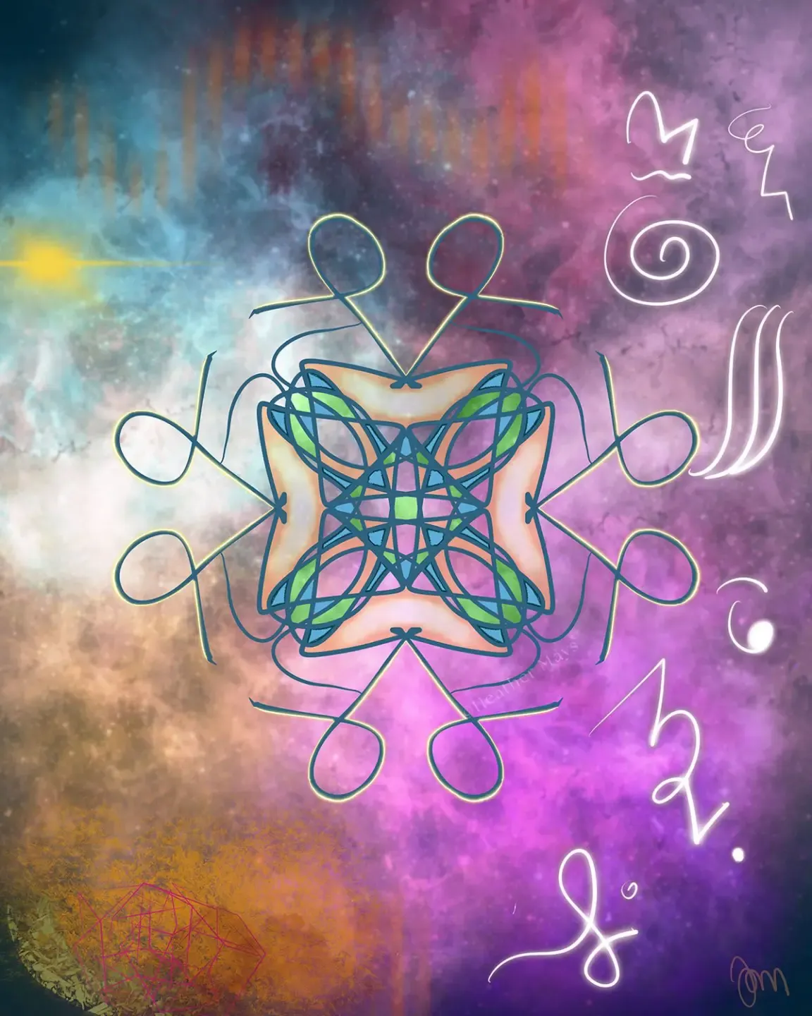 lines and swirls of pink and orange in sacred art