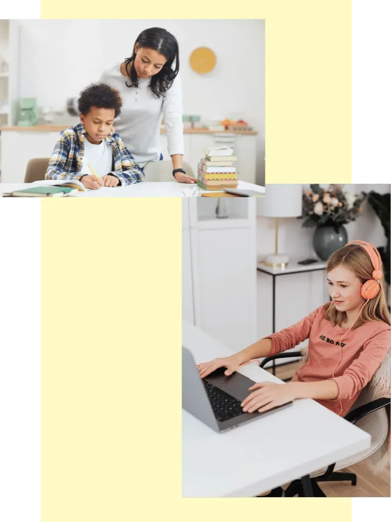 collage kids and parent doing creative tasks on devices