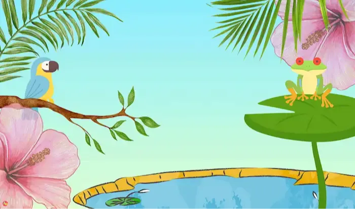composite graphic with parrot in tree and frog on lily pad, pastels and blues and greens, pink hibiscuses in two corners