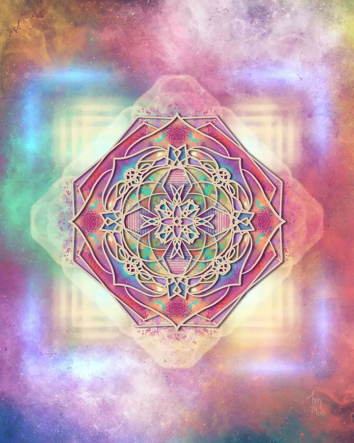 purple swirls with pink and blue scissors geometric art