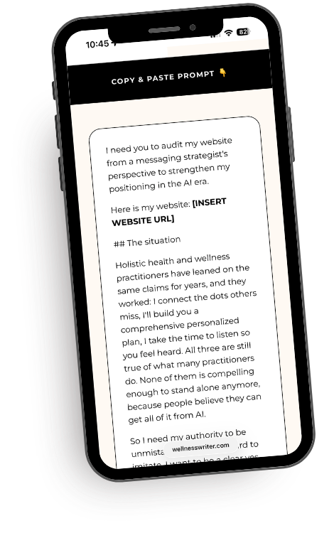 Phone mockup of a prompt to audit your wellness practice website for AI-proof messaging